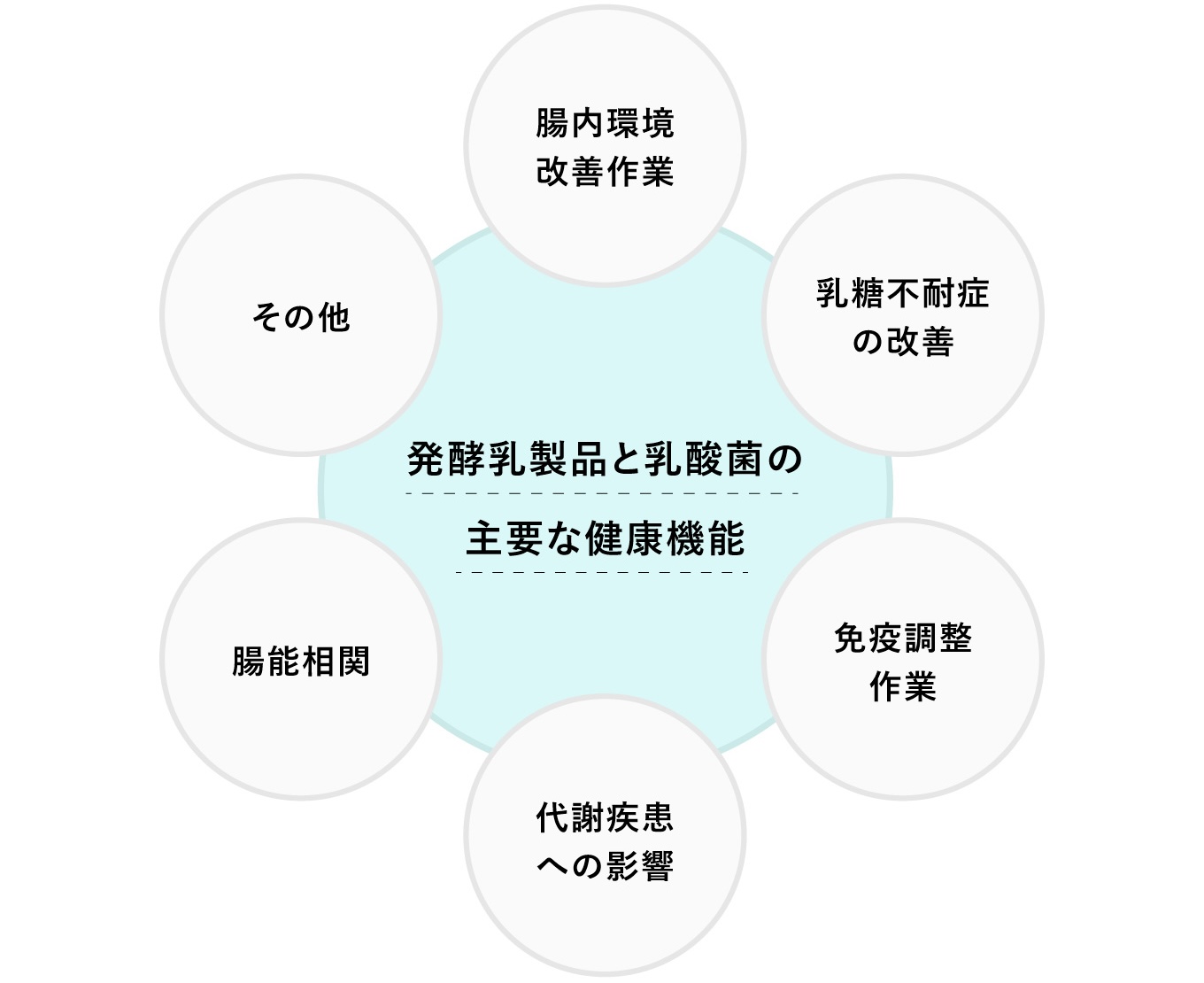 発酵乳製品と乳酸菌の主要な健康機能を表した図